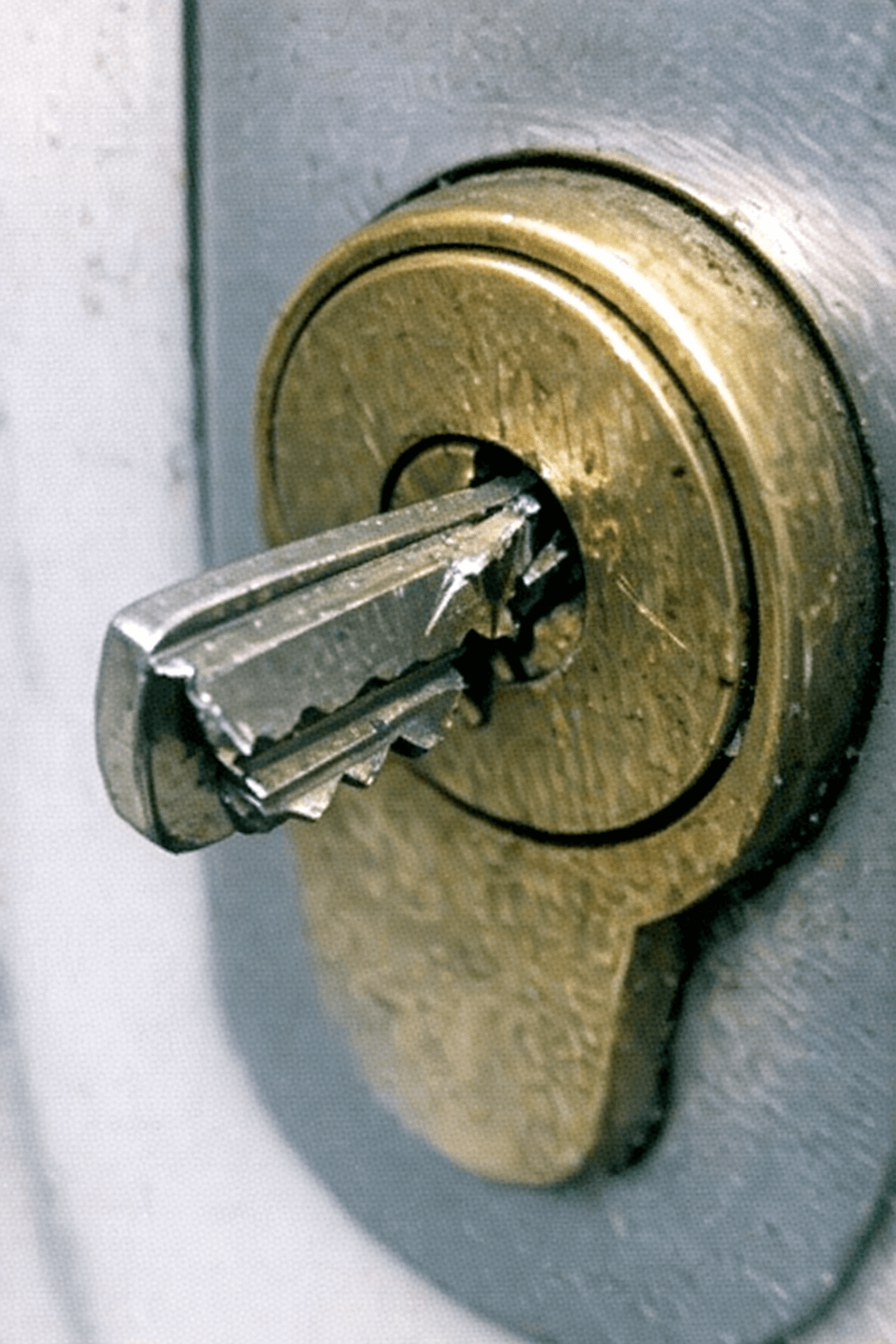 Nahaufnahme eines blockierten Schlüssels im Türzylinder