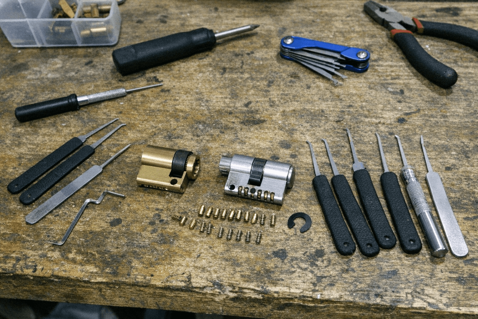 Modernes Werkzeug und Schließzylinder auf einer Werkbank